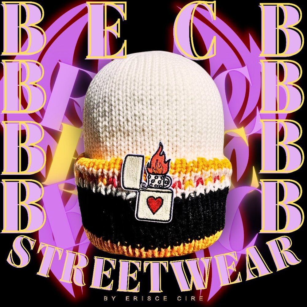 White / Lighter / Black / Yellow Beanie Hand Knit Beanie by BECB Streetwear